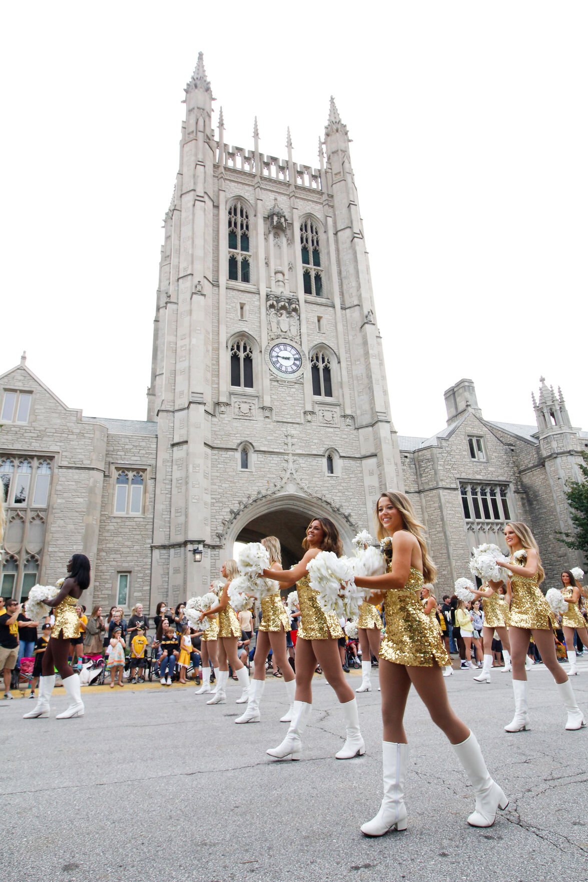 The MU Golden Girls Cheer in front of Memorial Student Union